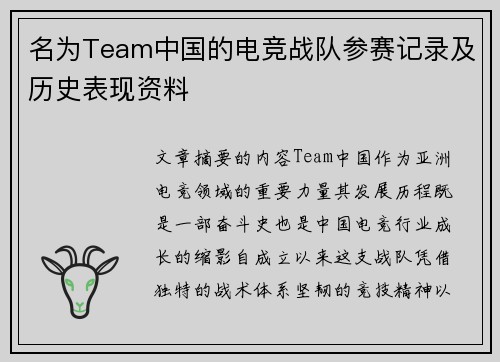 名为Team中国的电竞战队参赛记录及历史表现资料